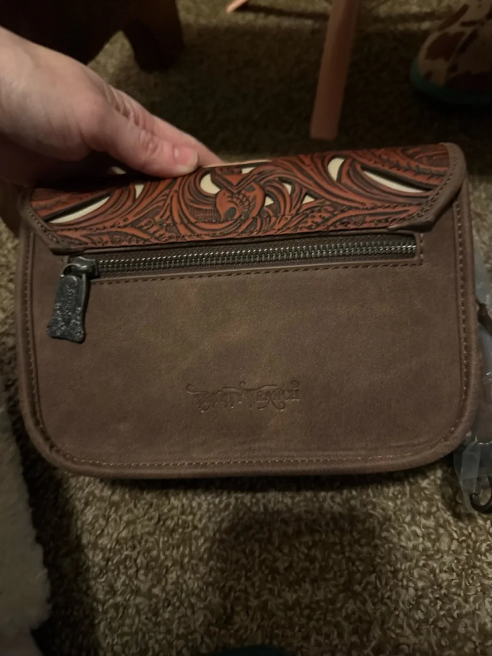 Trinity Ranch Tooled Leather crossbody Bag in Brown and Tan - Picture 2 of 2